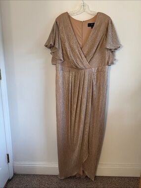 Betsy & Adam Shimmery Taupe Long Dress with Flutter Sleeves